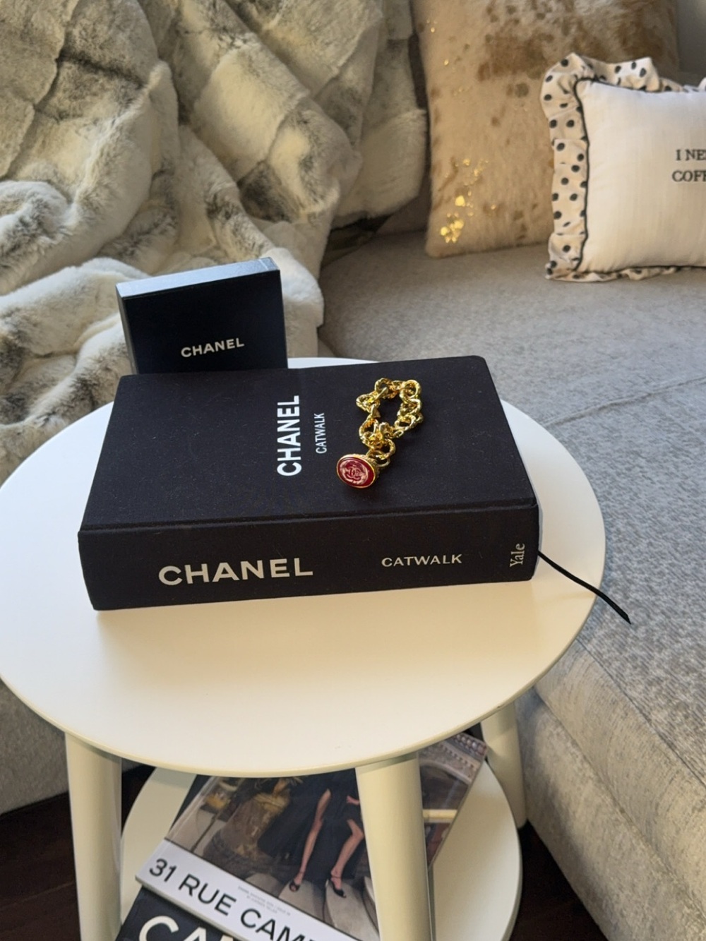Rare ✨ Vintage Chanel 1993 Gold Chain Red CC Medallion Charm Bracelet l COA